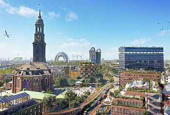 Hamburg Michel, Hauptkirche St. Michaelis, Ludwig-Erhard-Straße, Blick Richtung Reeperbahn und Hafen. Die evangelische Hauptkirche Sankt Michaelis (volkstümlich: Michel) ist der bekannteste Kirchenbau von Hamburg und gilt als bedeutendste Barockkirche Norddeutschlands. Für die Schifffahrt auf der Elbe stellt der weithin sichtbare Sakralbau mit seiner markanten Architektur seit langem das Wahrzeichen der Hansestadt dar. Die Kirche ist dem Erzengel Michael geweiht, der als große Bronzestatue über dem Hauptportal als Sieger im Kampf mit Satan dargestellt ist. Der Kirchbau steht in der südlichen Neustadt zwischen Ludwig-Erhard-Straße, Krayenkamp und Englischer Planke. Der Kirchturm hat eine Höhe von 132,14 Metern.Das heutige Bauwerk ist ein Wiederaufbau von 1912, nachdem die Kirche 1906 abgebrannt war. Hamburg Michel, Hauptkirche St. Michaelis, Ludwig-Erhard-Straße, Blick Richtung Reeperbahn und Hafen. Die evangelische Hauptkirche Sankt Michaelis (volkstümlich: Michel) ist der bekannteste Kirchenbau von Hamburg und gilt als bedeutendste Barockkirche Norddeutschlands. Für die Schifffahrt auf der Elbe stellt der weithin sichtbare Sakralbau mit seiner markanten Architektur seit langem das Wahrzeichen der Hansestadt dar. Die Kirche ist dem Erzengel Michael geweiht, der als große Bronzestatue über dem Hauptportal als Sieger im Kampf mit Satan dargestellt ist. Der Kirchbau steht in der südlichen Neustadt zwischen Ludwig-Erhard-Straße, Krayenkamp und Englischer Planke. Der Kirchturm hat eine Höhe von 132,14 Metern.Das heutige Bauwerk ist ein Wiederaufbau von 1912, nachdem die Kirche 1906 abgebrannt war.